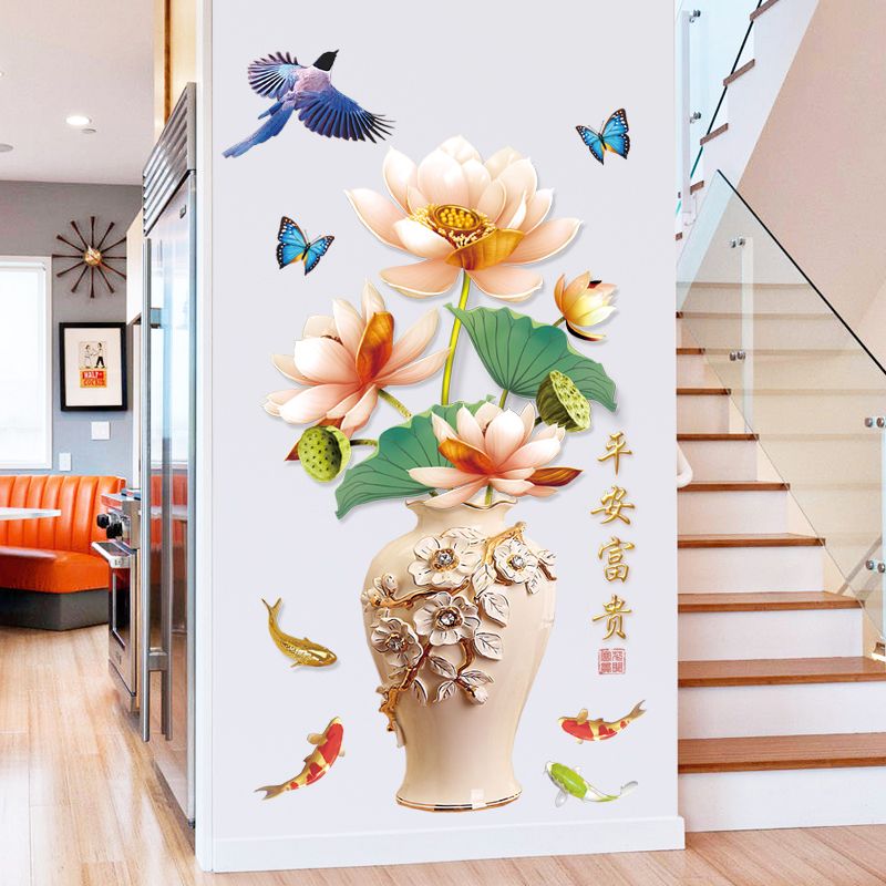 3d wall stickers wall wallpaper vase self-adhesive chinese style bedroom living room background wall decorative stickers