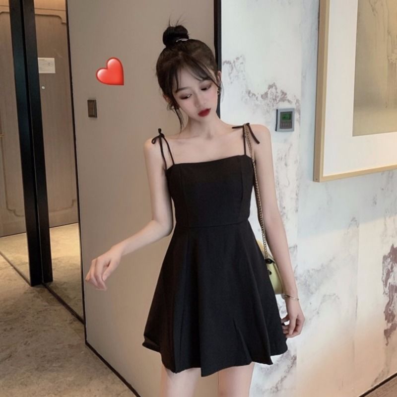 2024 new strap dress for women summer korean style ins slim fit slimming small waist-tight black bottoming skirt