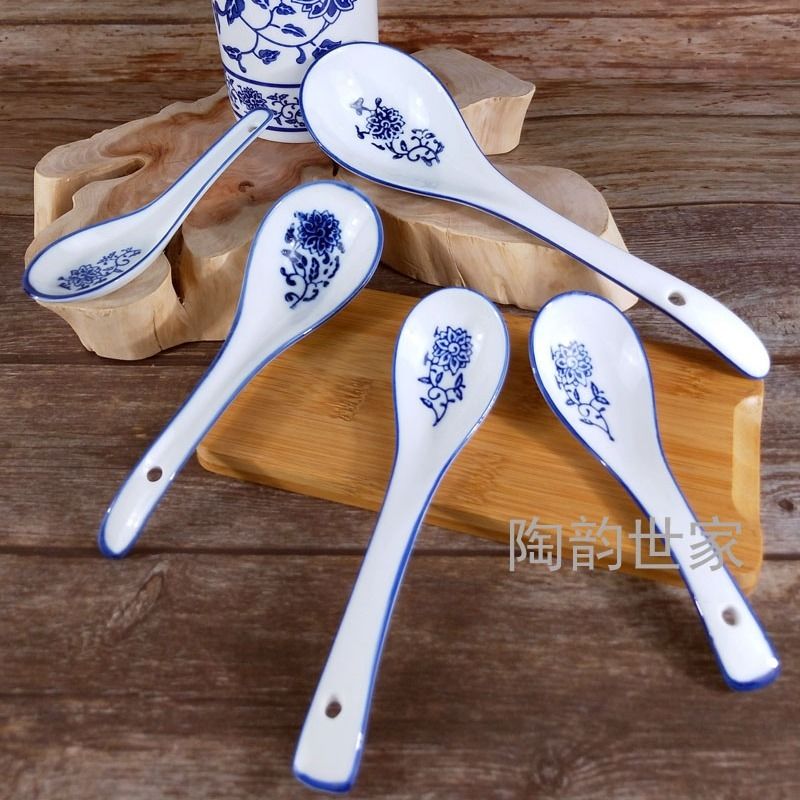 10 pcs blue and white porcelain spoon household ceramic spoon large lanzhou stretched noodles spoon hotel spoon long spoon meal spoon