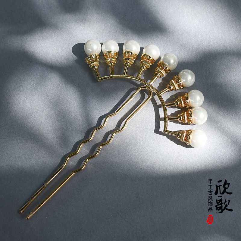 Antiquity Hair Clasp Pearl Row Hairpin Internet Celebrity Han Chinese Clothing Hair Accessories Super Fairy Costume Headdress Antique Hair Clasp Hairpin Hair Accessories