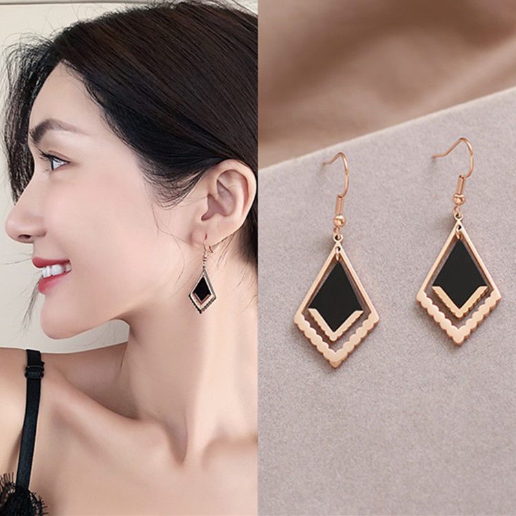 geometric diamond-shaped elegant simple earrings women‘s korean-style non-fading personalized earrings rose gold all-match titanium steel earrings fashion