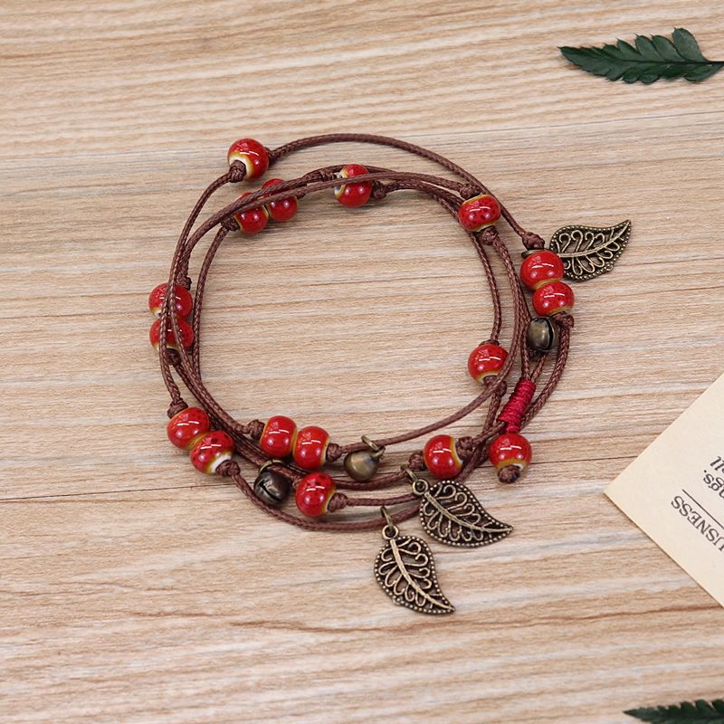 Vintage Bohemian Mori Style Ceramic Bracelet Sweet Girl Bell Leaf All-Match Waist Chain Multi-Wrap Bracelet Ornament