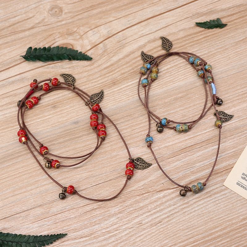 Vintage Bohemian Mori Style Ceramic Bracelet Sweet Girl Bell Leaf All-Match Waist Chain Multi-Wrap Bracelet Ornament