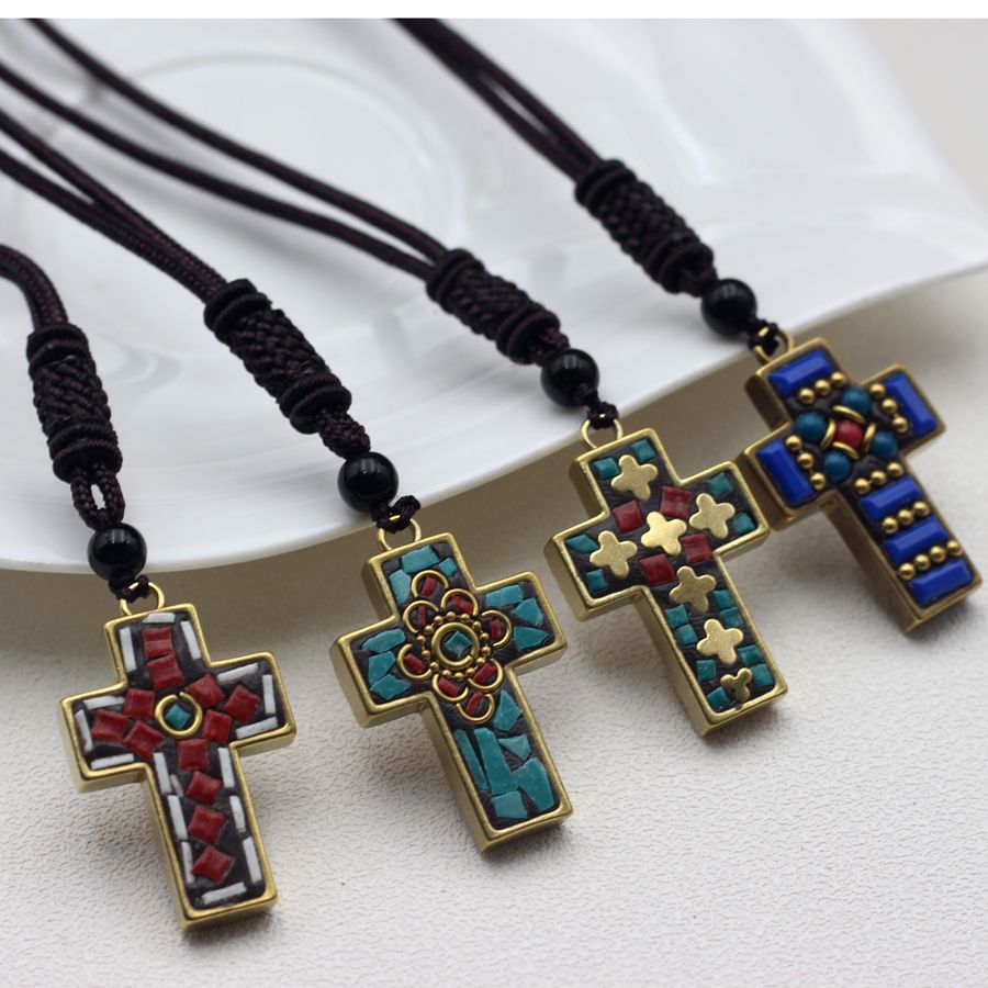 brass inlaid cross nepal handmade ethnic style ornament necklace cotton and linen sweater chain clothing accessories