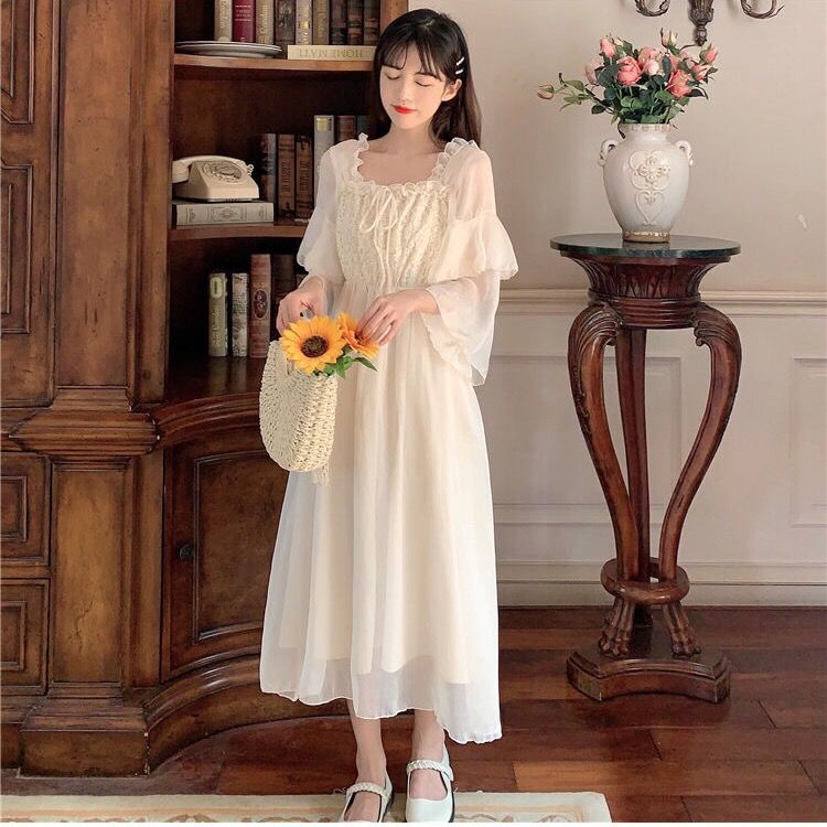 2023 new women‘s summer lace chiffon dress slimming skirt high waist french fairy fresh waist-slimming long dress