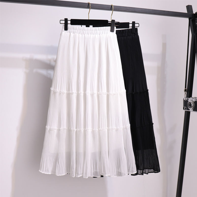 chiffon pleated skirt 2024 spring and summer new patchwork skirt loose high waist mid-length solid color student long dress women