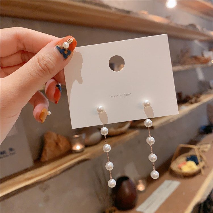 2 pairs of pearl earrings for women new 2021 elegant high sense internet celebrity round face all-match popular long tassel