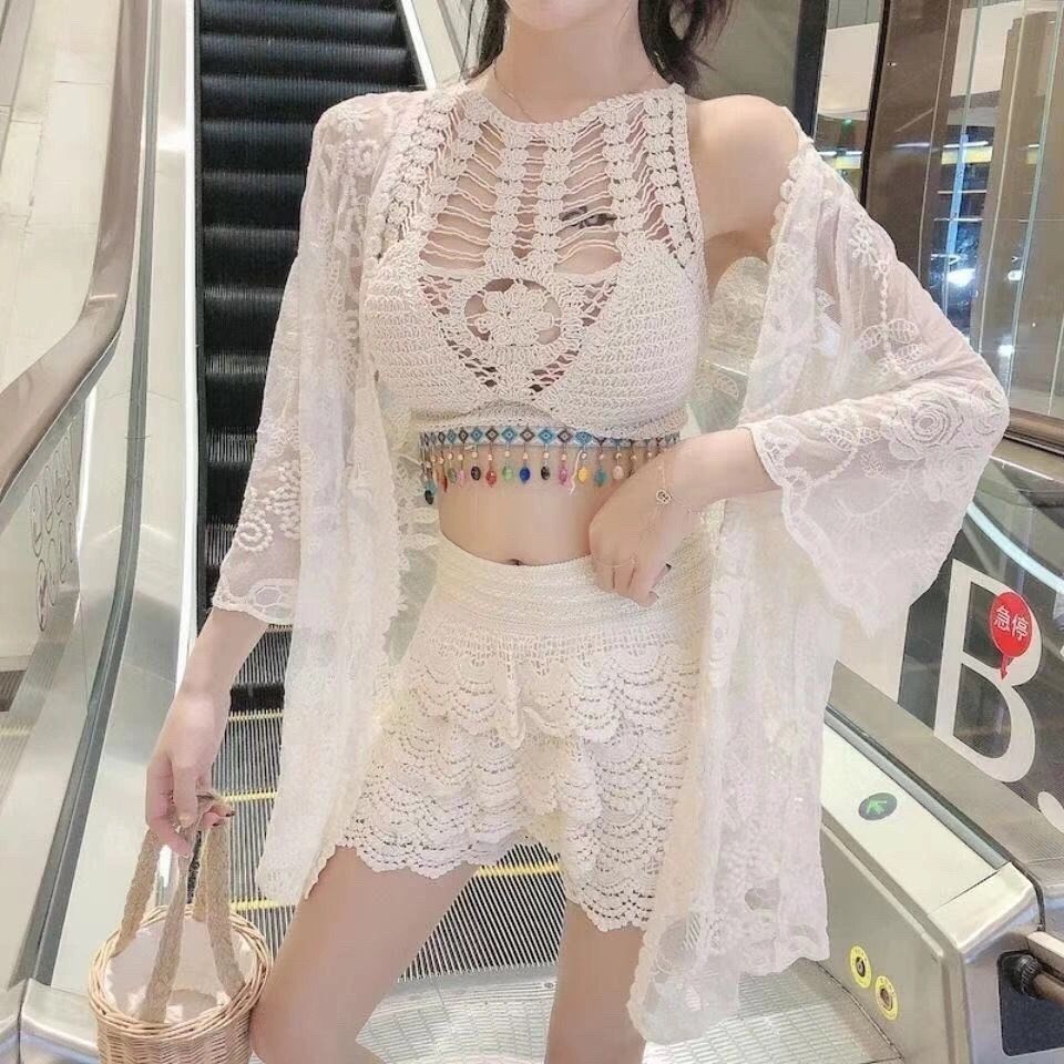 three-piece hollow cardigan coat suspender shorts beach vacation hot spring bathing suit goddess fashion slimming suit summer