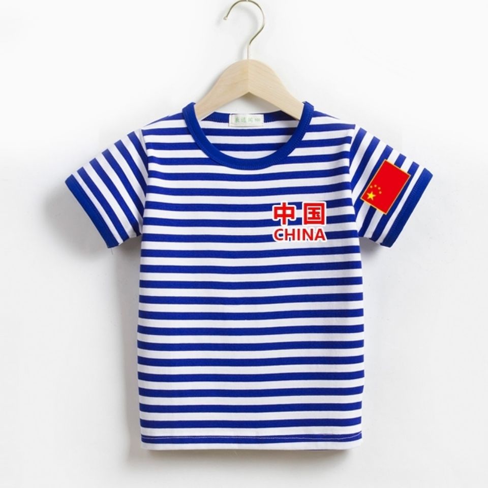 Navy Children's Wear Cotton T-shirt Boys and Girls Short Sleeve All-Match Loose Navy-Striped Shirt Blue and White Striped Classic Business Attire