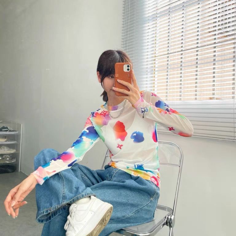 Tie-Dye Printing Ice Silk Long Sleeve Sun Protection T-shirt Women's Fashion 2023 New Summer Thin Blouse Top Clothing for Air Conditioned Rooms