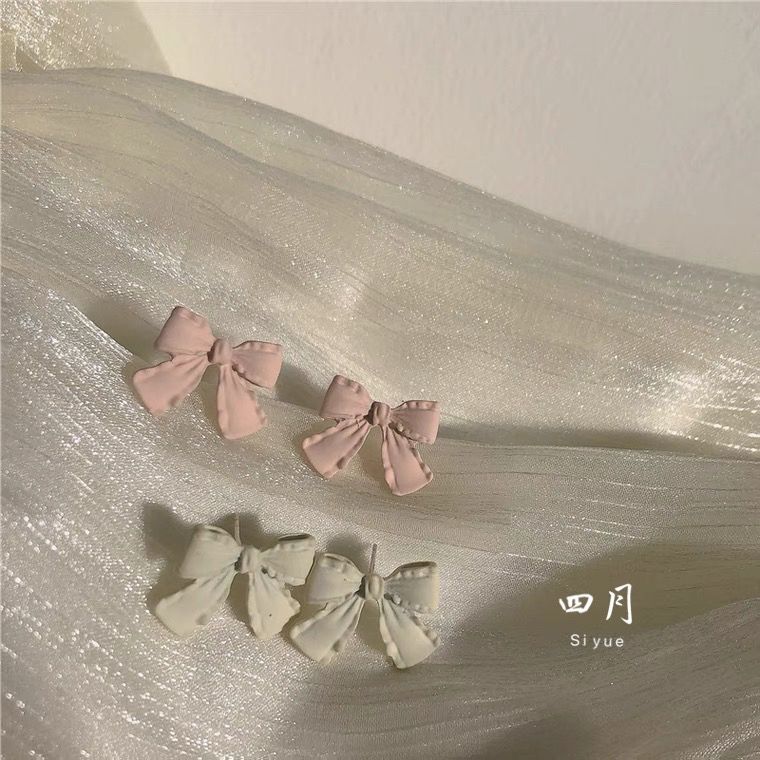 Sweet Girl ~ Pink + Milky White Bow Stud Earrings Girl Heart Cute Sweet Summer New Earring Ear Clip
