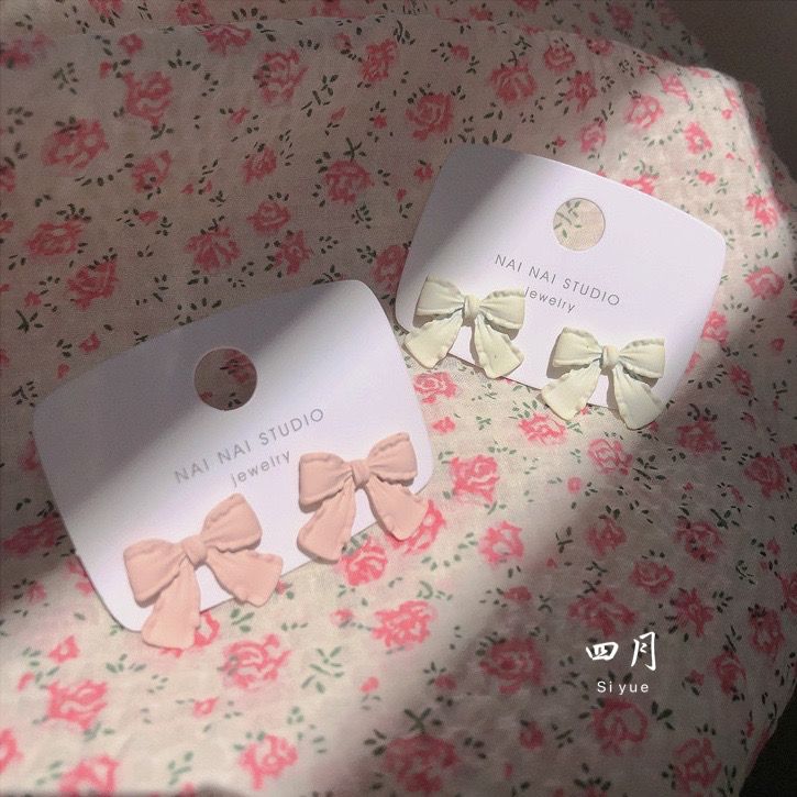 Sweet Girl ~ Pink + Milky White Bow Stud Earrings Girl Heart Cute Sweet Summer New Earring Ear Clip