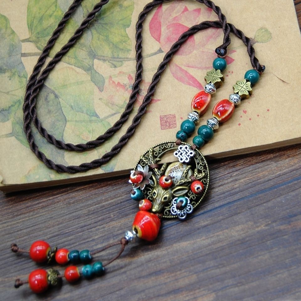 original national style retro ornament ceramic necklace long sweater chain pendant mori women‘s artistic cotton and linen accessories