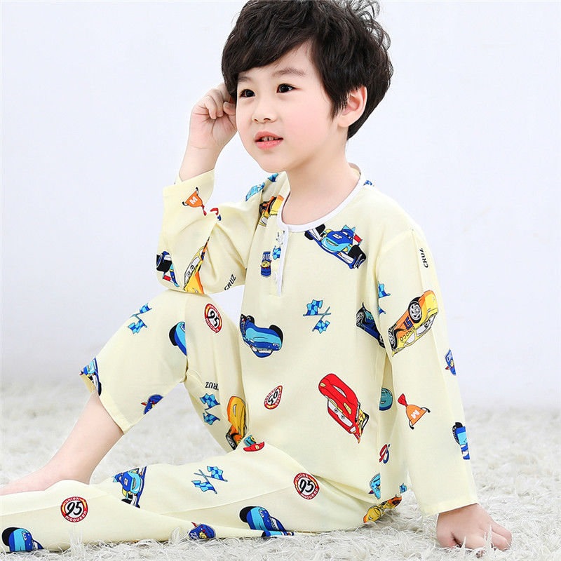 summer children‘s cotton pajamas boys‘ and girls‘ air conditioning clothes thin long sleeve cotton silk baby suit home clothes free shipping