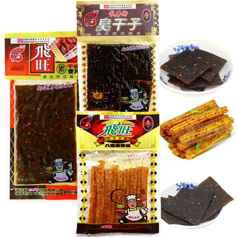 hunan specialty snacks feiwang spicy strips eight treasures green silk stinky tofu dry roasted cereal 16g snack gluten products