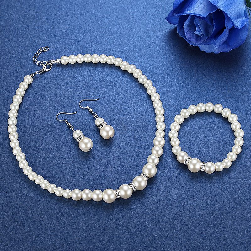 ABS Pearl Jewelry Set Women's Necklace Earring Bracelet Three-Piece Set Gift for Mother Beautiful Wedding Photo Accessories