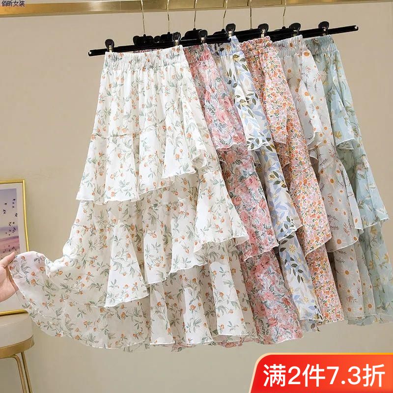 new 2024 summer floral irregular ruffled all-match a- line ins super fairy cake dress female skirt