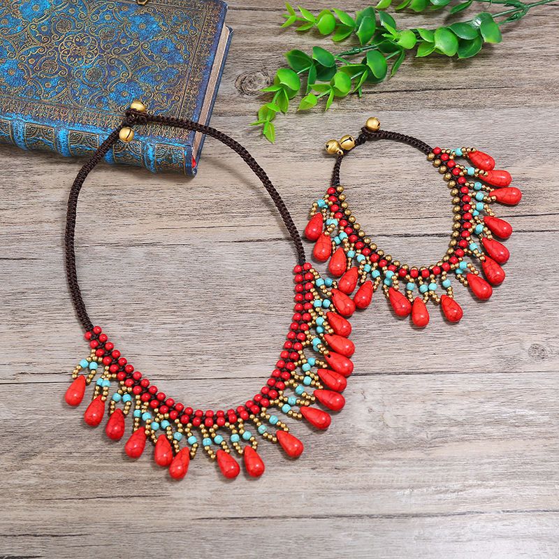 Bohemian Ethnic Style Necklace Female Clavicle Chain Blue Red Turquoise Tassel Short Necklace Anklet Vacation Suit