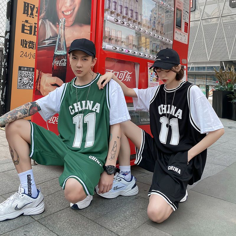 summer sports suit men‘s and women‘s korean-style trendy basketball wear short-sleeved t-shirt five-point set clothes net red two-piece set