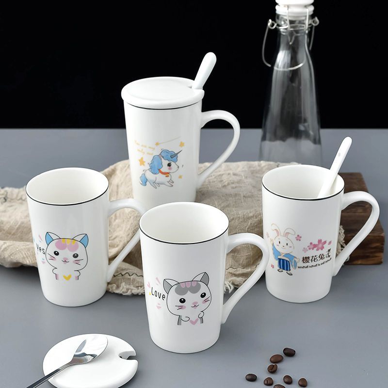 creative cute cartoon ceramic mug with lid spoon personalized drinking cup men‘s and women‘s household milk coffee tea cup