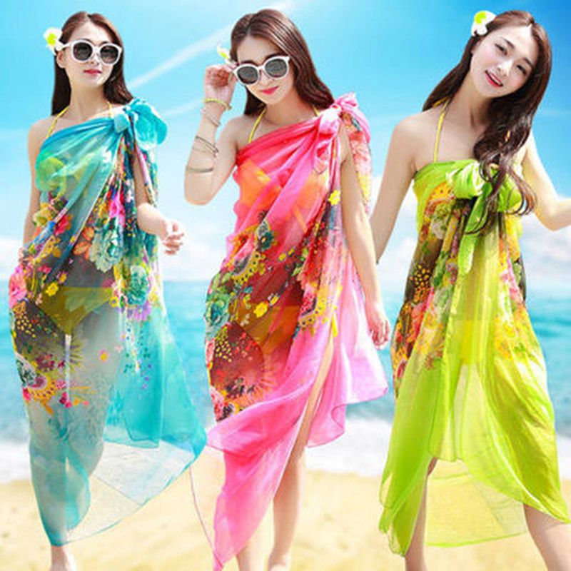 women‘s chiffon spring/summer shawl sun protection thin scarf printed plant flower versatility for traveling beach towel