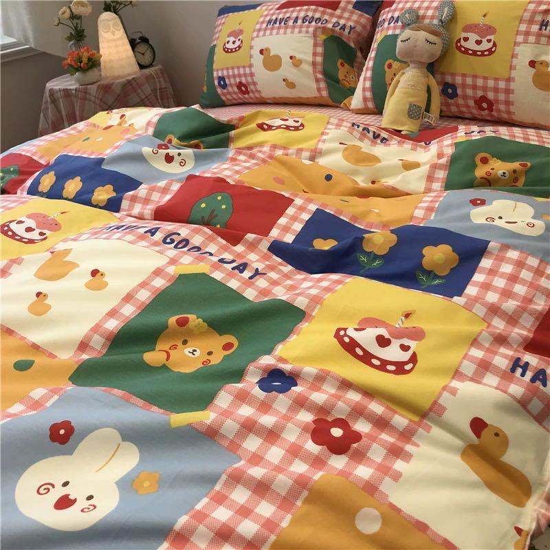 ins color matching fresh girl‘s heart three-piece set simple korean style princess style cute 1.5 four-piece bedding set