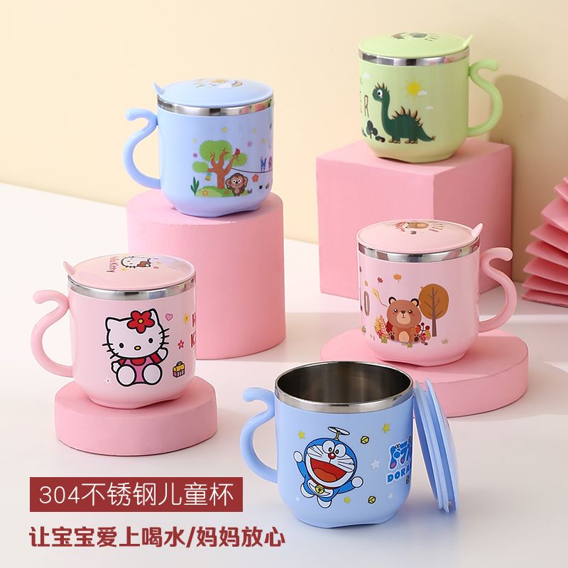 children‘s water cup 304 stainless steel mug home cartoon with cover water cup kindergarten baby student drinking cup