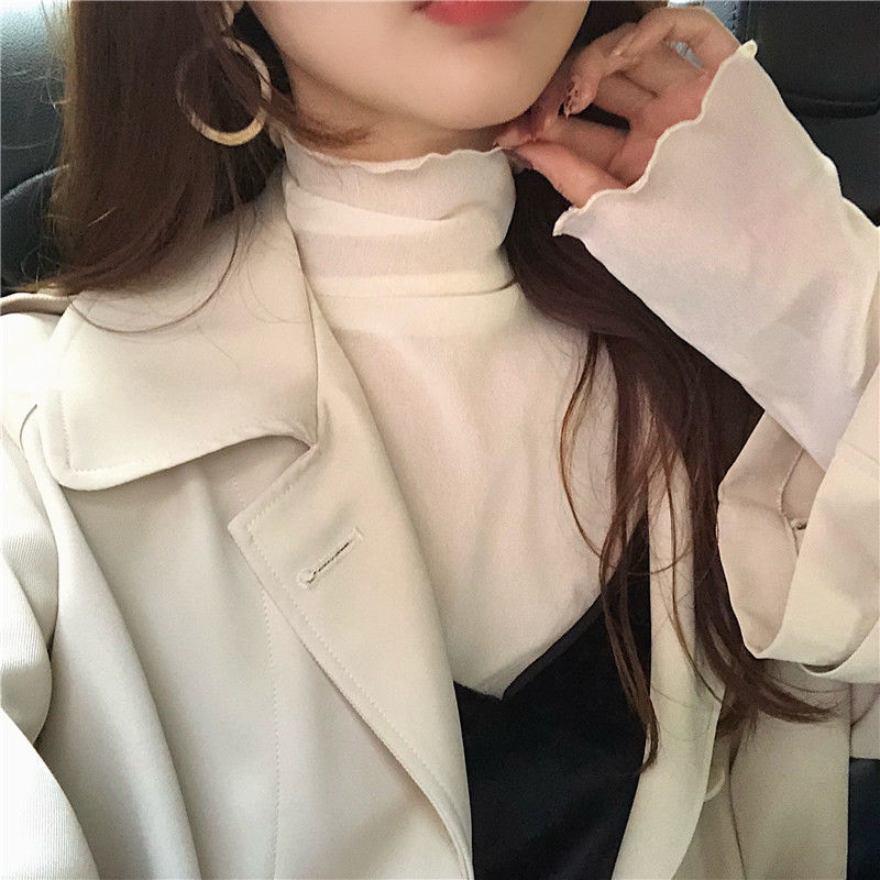 2020 Autumn New Korean Mesh Bottoming Shirt Women's Half Turtleneck Retro See-through Skin-Friendly Wooden Ear Inner Wear Blouse