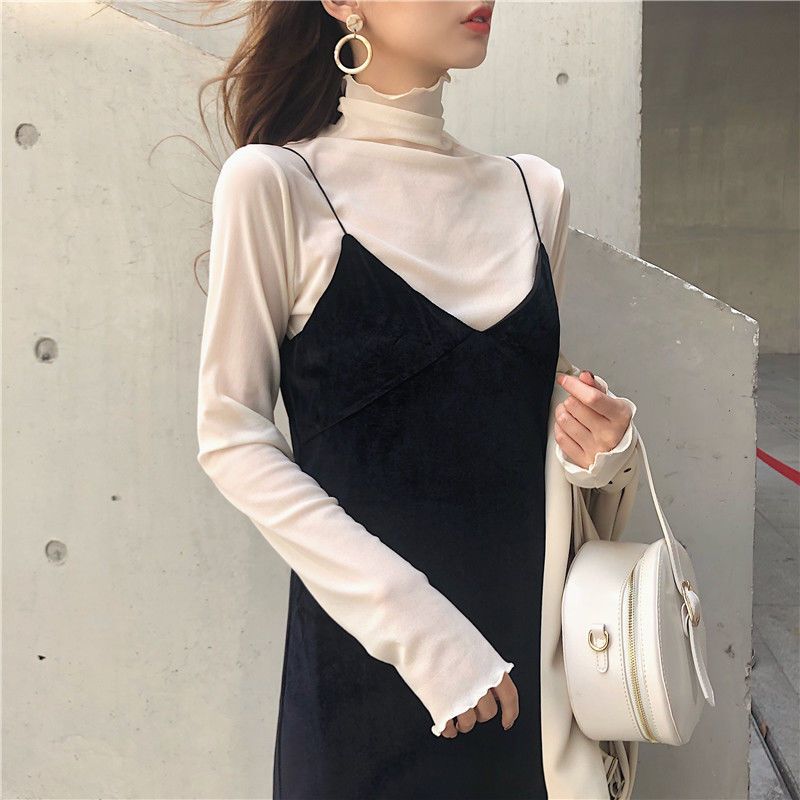 2020 Autumn New Korean Mesh Bottoming Shirt Women's Half Turtleneck Retro See-through Skin-Friendly Wooden Ear Inner Wear Blouse