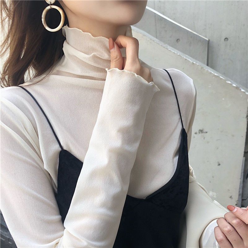 2020 Autumn New Korean Mesh Bottoming Shirt Women's Half Turtleneck Retro See-through Skin-Friendly Wooden Ear Inner Wear Blouse