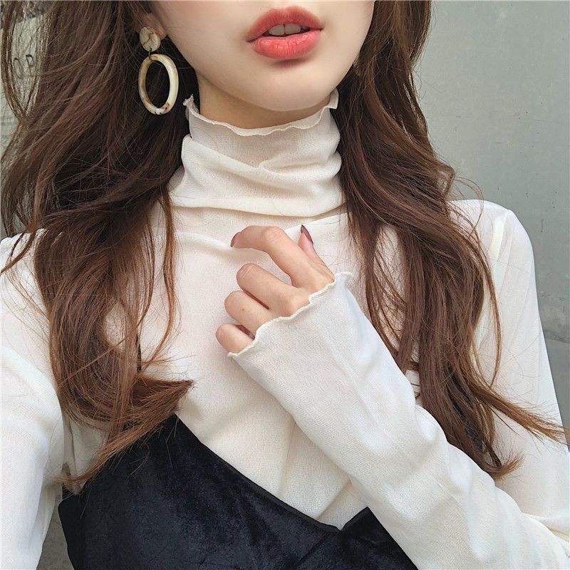 2020 Autumn New Korean Mesh Bottoming Shirt Women's Half Turtleneck Retro See-through Skin-Friendly Wooden Ear Inner Wear Blouse