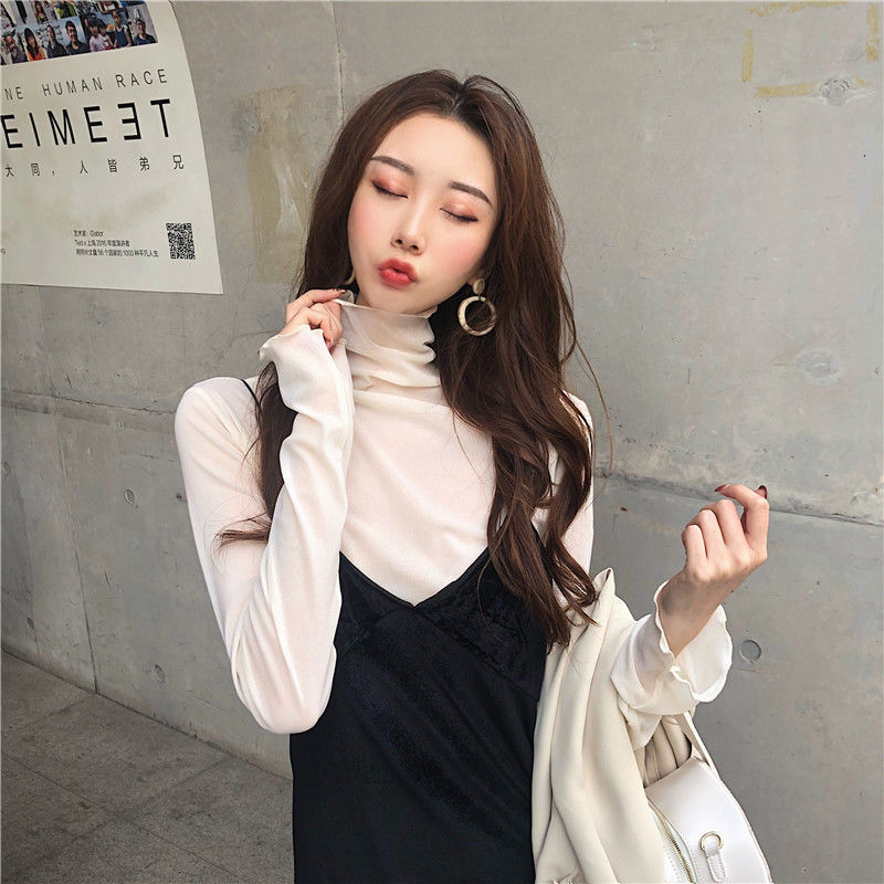 2020 Autumn New Korean Mesh Bottoming Shirt Women's Half Turtleneck Retro See-through Skin-Friendly Wooden Ear Inner Wear Blouse