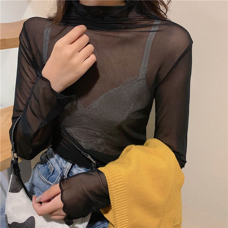 2021 Autumn New Candy Color Mesh Bottoming Shirt Female Student Turtleneck Wooden Ear Super Fairy Skin-Friendly Inner Wear Blouse