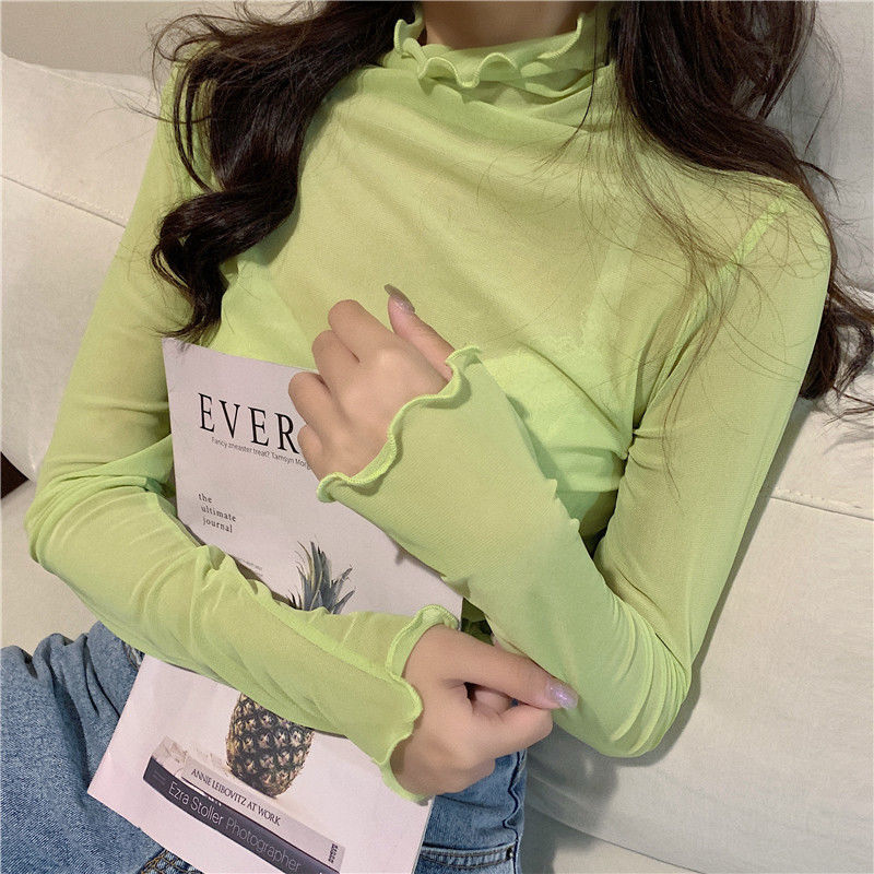 2021 Autumn New Candy Color Mesh Bottoming Shirt Female Student Turtleneck Wooden Ear Super Fairy Skin-Friendly Inner Wear Blouse