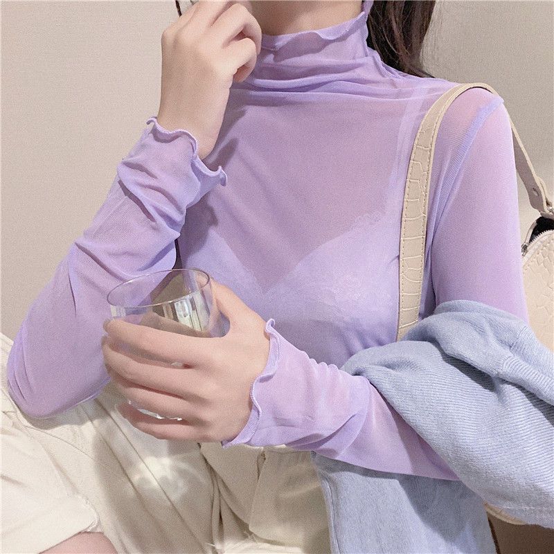 2021 Autumn New Candy Color Mesh Bottoming Shirt Female Student Turtleneck Wooden Ear Super Fairy Skin-Friendly Inner Wear Blouse