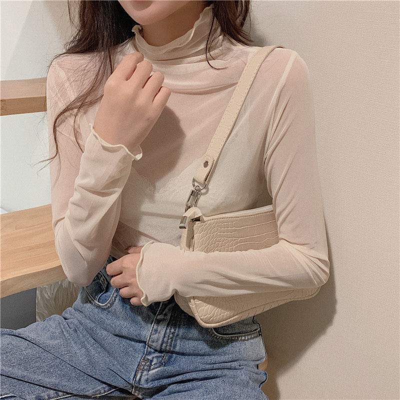 2021 Autumn New Candy Color Mesh Bottoming Shirt Female Student Turtleneck Wooden Ear Super Fairy Skin-Friendly Inner Wear Blouse