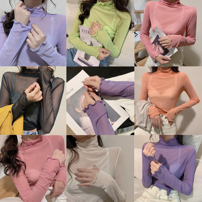 2021 Autumn New Candy Color Mesh Bottoming Shirt Female Student Turtleneck Wooden Ear Super Fairy Skin-Friendly Inner Wear Blouse