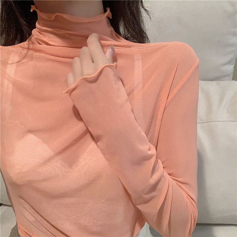 2021 Autumn New Candy Color Mesh Bottoming Shirt Female Student Turtleneck Wooden Ear Super Fairy Skin-Friendly Inner Wear Blouse