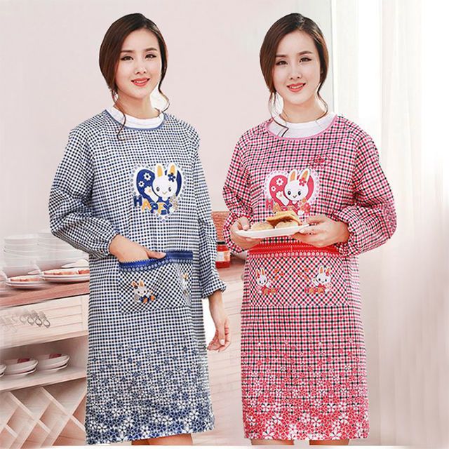 Korean Style Long Sleeve Apron Glossy Non-Stick Wool Apron Kitchen Home Cooking Oil-Proof Coverall Men's and Women's Work Clothes