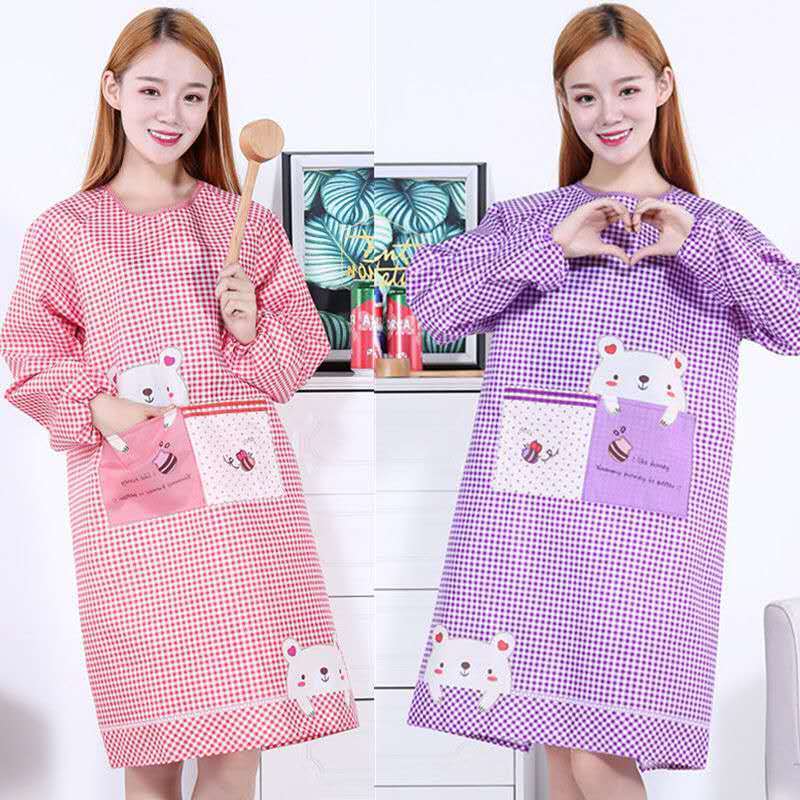 Long Sleeve Women's Kitchen Household Comfortable Breathable Apron Adults at Work Work Wear-Resistant Work Clothes plus-Sized Glossy Overclothes