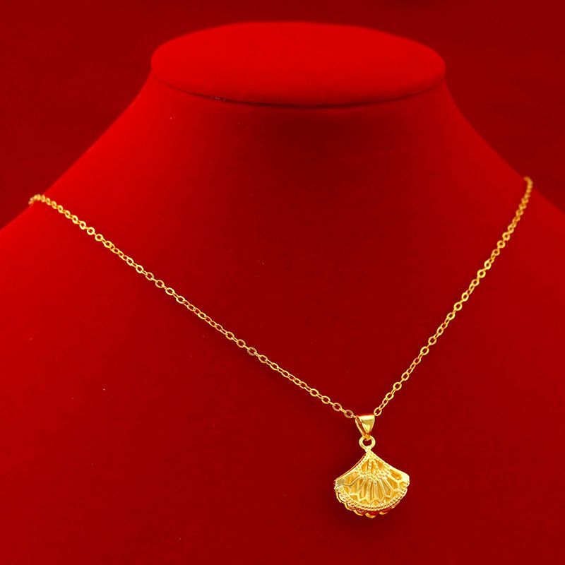 [Authentic] Vietnam Placer Gold Small Skirt Necklace Women's Thickened Gold Fan-Shaped Pendant Online Influencer Clavicle Chain Does Not Fade