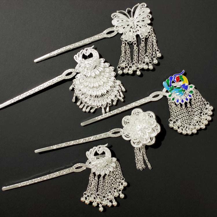 Miao Silver Hairpin Buyao Tassel Classical Ancient Costume Ornament Retro Ethnic Updo Head Fork Peacock Hanfu Antique Hair Clasp