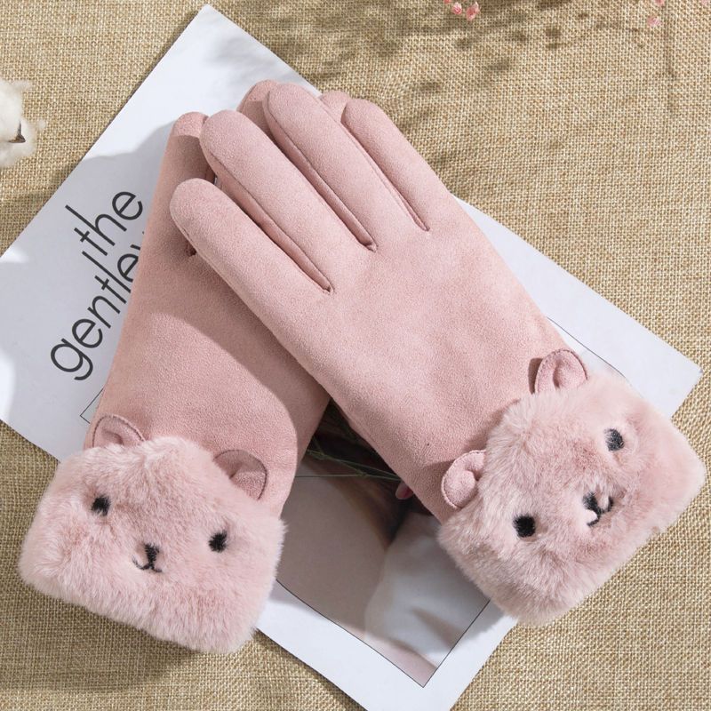 suede gloves women‘s warm-keeping and cold-proof cycling gloves women‘s winter cute fleece-lined thickened touch screen cycling gloves