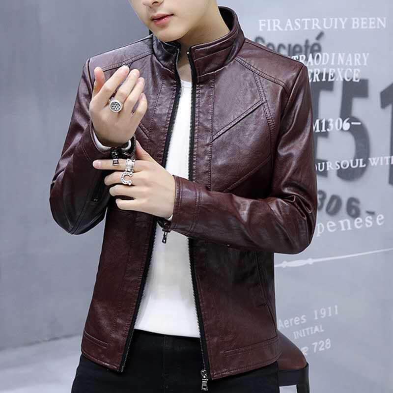 [factory direct sales] autumn new men‘s coat leather coat men‘s slim fit korean style leather coat coat men‘s fleece-lined thickened