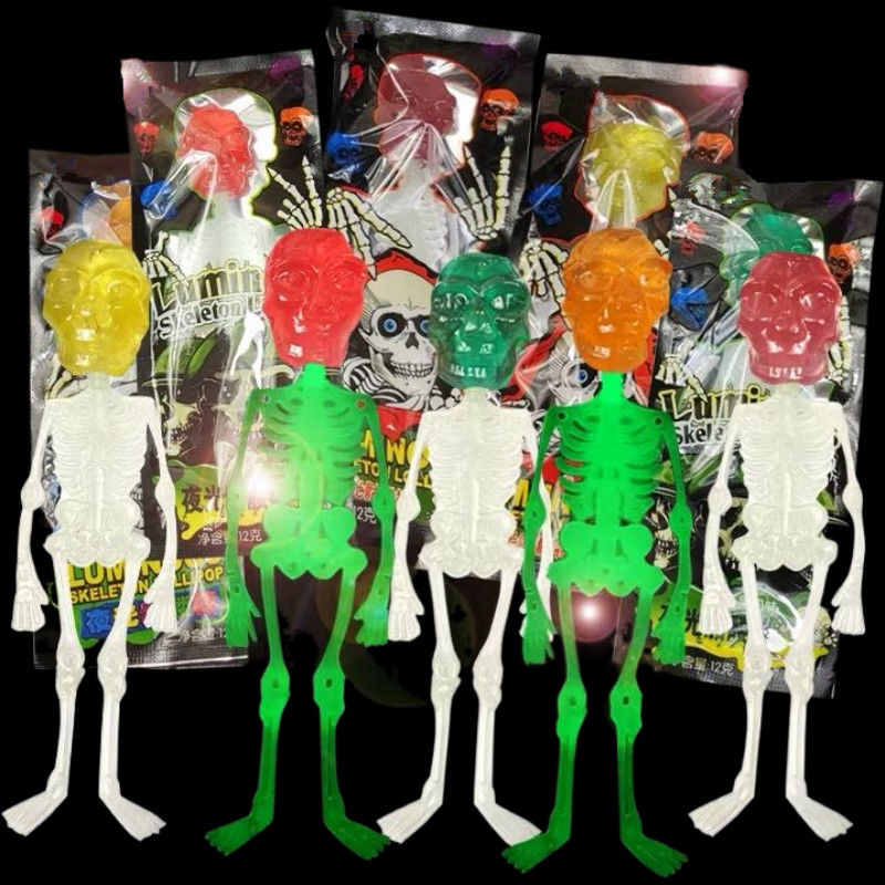 trending creative candy luminous skull lollipop wholesale fruit flavored hard candy halloween spoof trick snack