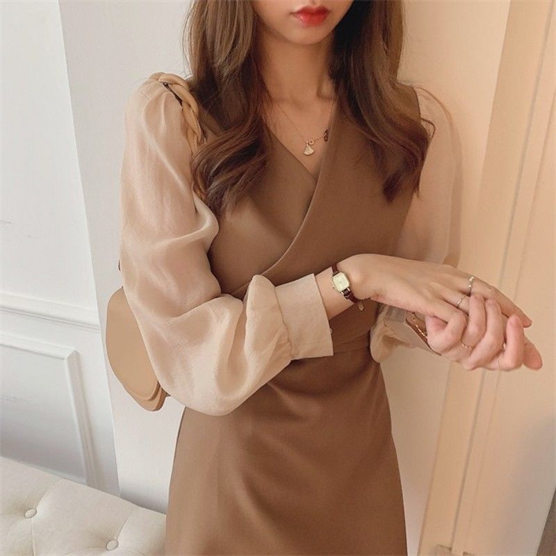 spring and summer long sleeves chiffon dress waist-tight slimming base skirt women‘s new fake two-piece western style small man short skirt