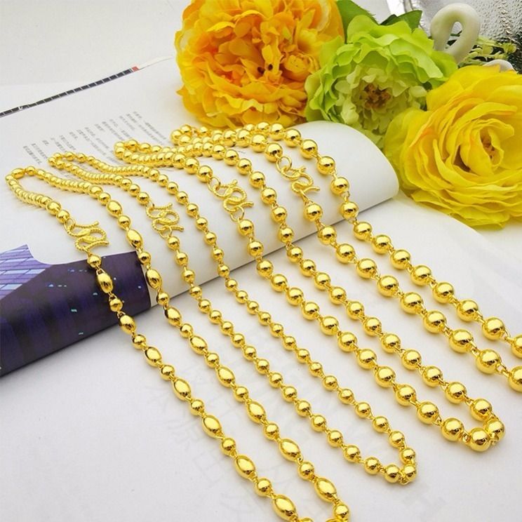 New Solid Light Bead Necklace for Men and Women Internet Celebrity Ins Fashion Retro Style Turn Brass Gold Plated No Color Fading