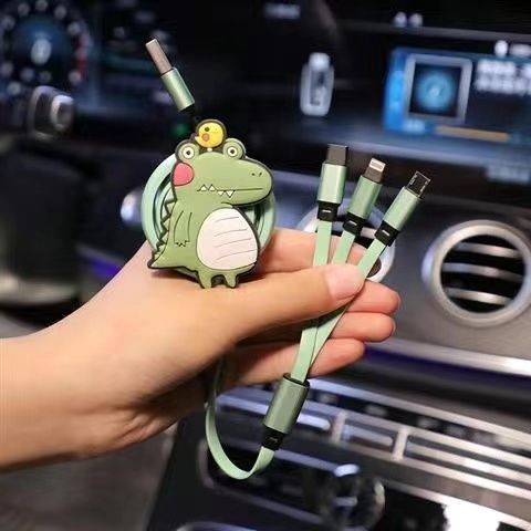 Apple Android Vivo Universal Vehicle-Mounted Usb Cable Three-in-One Liquid Flexible Glue One-to-Three Cartoon Charging Cable Fast Charging