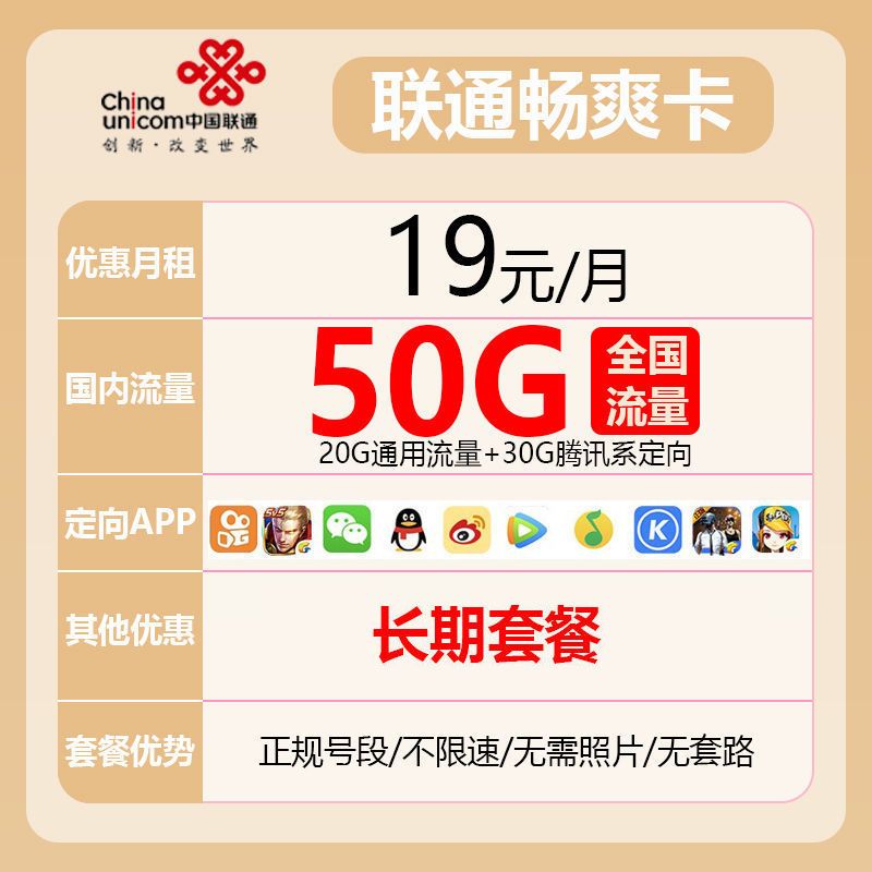 联通4g/5g手机卡无限流量卡腾讯大王卡上网卡靓号卡0月租