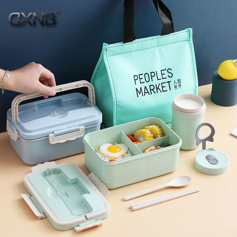 wheat portable insulated lunch box student three-grid lunch box female portable microwave oven heating sealed office worker lunch box